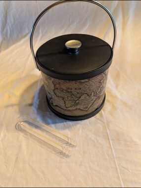 2/40$ Vintage Black and Map Pattern Ice Bucket with Clear Tongs